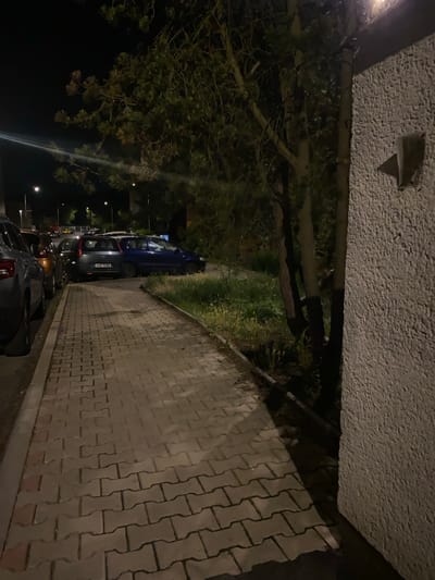 The image depicts a nighttime view of a paved pedestrian walkway alongside a parking area and a building. The walkway is constructed of interlocking brick pavers in a tan and grey color scheme. To the left of the walkway, several cars are parked in a line. The vehicles appear to be a mix of sedans and hatchbacks, with one vehicle, a dark blue hatchback with license plate 9U8 0268, prominently visible. Behind the parked cars, there is a patch of overgrown grass and weeds.
In the background, trees with dark foliage are visible, some with branches extending over the walkway. The scene is illuminated by artificial light sources, including streetlights visible in the distance, casting shadows on the ground. To the right of the walkway, a textured, light-colored building wall rises vertically, with a small, dark, angular fixture attached to its surface. The overall environment suggests an urban or suburban setting at night. The presence of streetlights and parked cars indicates a developed area.