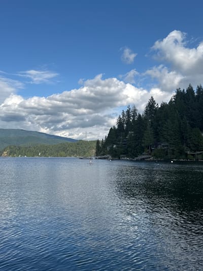 A wide shot captures a serene lake scene under a partially cloudy sky. The foreground is dominated by the rippling surface of the dark blue water, reflecting the sky. In the mid-ground, a person stands on a paddleboard in the middle of the lake. The shoreline on the right is densely forested with tall evergreen trees. Nestled within the trees are several houses, some with visible decks and bridges extending towards the water. The left side of the image shows a distant, hazy mountain range covered in green vegetation. A tall power transmission tower is visible on the right side of the mountain range. The overall scene suggests a tranquil, natural setting within a populated area, likely a residential waterfront community in the District of North Vancouver, Canada.