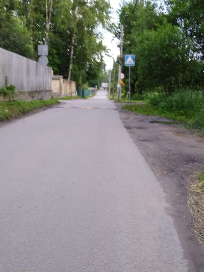 The image shows a paved road in the city of Pargolovo, Russia. The road is bordered by a concrete wall and green vegetation on the left side, and by a grassy area and trees on the right side. There are traffic signs visible, including a triangular sign with a white symbol on a blue background, and a circular sign with a red border and a white symbol on a yellow background. The road surface appears to be asphalt. The scene is outdoors and appears to be during daylight hours.