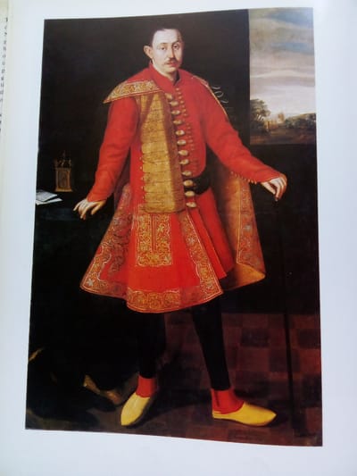The image is a portrait of a man dressed in a red military-style uniform with gold embellishments. He stands against a dark background with a landscape visible on the right. The man has a mustache and is looking towards the viewer. He is wearing black pants and yellow shoes with red socks. To his left, on a dark surface, are some papers and a small ornate object. The portrait style suggests it is a historical painting. There is no indication of Zhmerynka, Ukraine in the image.
