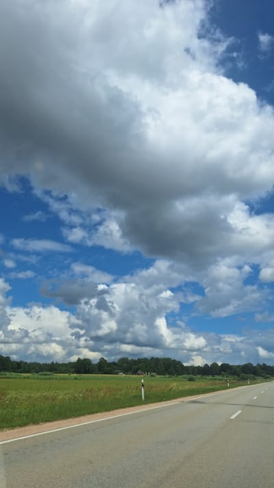 The image shows a rural roadside scene under a dramatic sky filled with large, dark and white cumulus clouds. A paved road with white lane markings runs from the foreground to the right, curving slightly into the distance. To the left of the road is a grassy field with some scattered white wildflowers and a line of trees forming a dark green horizon. A few white and black striped road markers are visible along the edge of the road in the middle ground. The sky is a vibrant blue, with large portions obscured by a mix of dark grey and bright white clouds, suggesting dynamic weather. There are no people or animals visible in the scene. The overall impression is one of a vast, open landscape on a day with active cloud formations.
