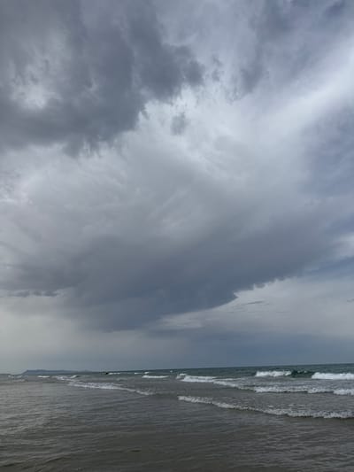 This is a vertical, medium-shot photograph of a beach with a cloudy sky. The image is primarily composed of a vast, overcast sky on the left and the ocean with a sandy shore on the right. The sky is filled with a variety of gray clouds, ranging from dark, heavy masses to lighter, wispy formations, suggesting an impending or ongoing rainy day.
The ocean occupies the right side of the frame, with waves gently rolling onto the shore. The water appears murky and dark, reflecting the overcast sky. The waves are small, with white foam cresting as they break. The sand on the beach is wet and dark, indicating it has recently been exposed to the tide. In the far distance, a faint, dark line suggests a mountainous coastline.
A single person is visible in the distance, appearing as a small figure on the water, possibly engaged in a watersport like kitesurfing, given the visible presence of a kite. The overall mood of the image is somber and tranquil, enhanced by the muted colors and the vastness of the natural elements. The time of day appears to be late afternoon or early morning, as the light is diffused and soft. There is no visible text in the image. The scene is a beach in Grau I Platja, Spain.