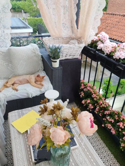 An orange cat sleeps on a white blanket on an outdoor sofa on a balcony. A small potted plant sits on a dark wicker table next to the sofa. In the foreground, a bouquet of pink and gold artificial flowers is in a blue-green glass vase on a white lace-covered table. The balcony overlooks a residential area with houses and greenery.