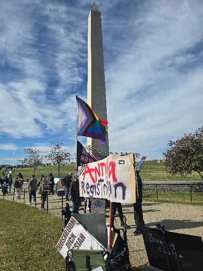 A wide shot depicts an outdoor gathering on the National Mall in Washington, D.C., United States, with the Washington Monument dominating the background under a blue sky with scattered cirrus clouds. A paved pathway traverses the mid-ground, bordered by grassy areas and scattered deciduous trees. Numerous individuals, dressed in casual attire, are seen walking along the pathway and congregating on the surrounding lawns.
In the foreground, multiple protest signs and flags are displayed. A large "Progress Pride" flag, featuring a multi-colored chevron, is affixed to a pole. Directly adjacent, a large cardboard sign is spray-painted in red and purple, reading "ANTIVA Registration." Below this, a smaller sign is partially visible, displaying the phrases "MAKE AMERICA GREAT AGAIN" and "FUCK." To the left, a white sign leans against a green object, clearly legible as "MUSHROOM DICK RUSSIAN." A black sign with white lettering, possibly reading "Bounty Castle," rests on the ground to the far right. Additional indistinct signs and flags are visible throughout the crowd in the background. The scene reflects a public demonstration or protest.