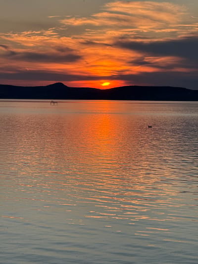 The image shows a sunset over Lake Balaton, likely viewed from or near Balatonlelle, Hungary. A dark, silhouetted landmass is visible on the left, obscuring a portion of the setting sun. The sun's light reflects strongly on the water's surface, creating a bright, orange-toned reflection. The water itself shows gentle ripples and wave patterns. To the left are brightly lit clouds that appear to be a combination of orange and gray. A small, dark object (possibly a bird) can be seen silhouetted against the reflected sunlight in the water. A small structure is also visible near the shore. The overall scene conveys a serene and tranquil atmosphere during sunset.