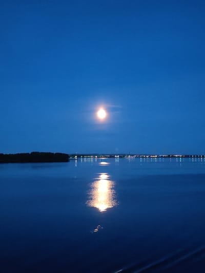 The image shows a body of water reflecting the moon and a distant shoreline with lights. The sky is a deep blue, indicating it is either dusk or night. On the left side of the image, there is a dark silhouette of land with trees. Across the water, the shoreline is lined with many small lights, suggesting a town or city. A bright moon is visible in the upper center of the sky, and its reflection creates a glowing path on the water's surface. The water itself is dark and calm. The image appears to have been taken from a vantage point looking across the water towards the moonlit landscape. The location is specified as Malinukha, Russia.