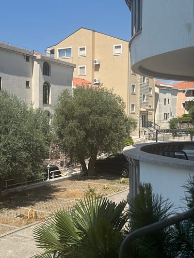 This is a vertical, eye-level, medium shot of an outdoor scene in Trap, Montenegro. The image is taken from a balcony, looking down and across a street. The sunlight suggests it is daytime, likely morning or afternoon, with clear skies.
In the foreground, the white textured surface of a balcony railing runs along the bottom of the frame. To the right, a dark green palm frond hangs over the railing, partially obscuring the view. Beyond the railing, several buildings are visible, with varying architectural styles. Some have cream-colored facades and red-tiled roofs, while others are a lighter gray. Windows, some with shutters, are scattered across the buildings.
A large, leafy green tree with a rough trunk is prominent in the middle ground, casting shadows on the ground. To the right of the tree, a dark-colored car is parked in a lot with patterned paving stones. Yellow bollards are visible in the parking area. In the background, more buildings and some greenery can be seen, with a clear blue sky above. The overall impression is a residential area on a sunny day. There is no discernible text in the image.