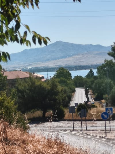 The image depicts a scenic landscape with a body of water, mountains, and vegetation. In the foreground, dry, brown grasses and leaves are visible. A paved road curves into the distance, flanked by green trees. Several road signs, including directional arrows and a warning sign, are present along the roadside. A dark, silhouetted statue stands near the road, facing the water. In the middle ground, there are red-tiled rooftops of buildings surrounded by trees, and a bright blue body of water. The background features a hazy mountain range under a clear blue sky. This scene appears to be located near the Santillana Reservoir in Manzanares el Real, Spain, given the presence of the water and the mountainous terrain characteristic of the Sierra de Guadarrama mountain range.