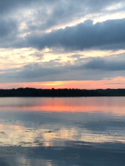 The image depicts a serene sunset over a body of water, likely the Svir River, in Svirstroy, Russia. The sky is filled with a dramatic display of clouds, ranging from deep grays to soft oranges and pinks, illuminated by the setting sun. A silhouetted line of trees forms the horizon, separating the sky from the water. The calm surface of the water beautifully reflects the vibrant colors of the sunset and the dark outline of the trees. Scattered aquatic vegetation is visible on the surface of the water. There are no people or specific man-made structures identifiable in the image. The overall atmosphere is tranquil and natural.