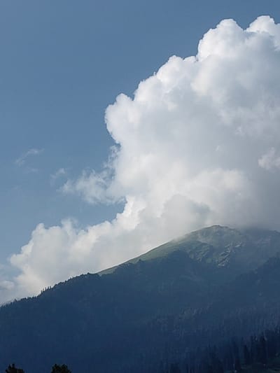 The image displays a majestic mountain landscape in Solang, India, under a partially cloudy sky. The foreground is dominated by a dark, densely forested mountainside that ascends towards the right. The trees appear to be coniferous, creating a dark, textured silhouette. Higher up, the mountain slopes transition to green, with some rocky outcrops visible, and a gentle mist or cloud cover clings to the upper reaches of the peak. A massive, fluffy white cloud formation occupies a significant portion of the upper right quadrant of the image, its bright white form contrasting sharply with the deep blue sky. The sky itself is a clear, bright blue, with some smaller, wispy clouds scattered towards the left. The overall impression is one of natural grandeur and a serene mountain environment.