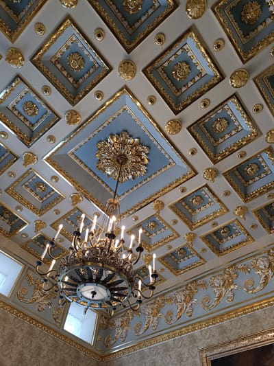 This is a low-angle, full shot of an ornate, gilded ceiling in what appears to be a historical building. The ceiling is divided into numerous recessed square and rectangular panels, predominantly in a light blue hue, bordered by intricate gold detailing. Many of these panels feature further gold ornamentation, including floral rosettes and leaf motifs. A large, multi-branched chandelier with numerous candle-shaped lights hangs prominently from the center of the ceiling, its dark metal structure contrasting with the bright gold and blue. The walls visible at the bottom are decorated with ornate gold bas-reliefs and a textured wallpaper. There are no people or animals visible in the image. The scene suggests a luxurious and well-maintained interior, likely a palace, museum, or grand hall. The location is specified as Dobasnenski Selski Sovet, Belarus.