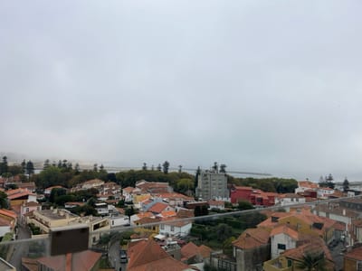This image displays an elevated, panoramic view of a coastal urban area within Aldoar, Foz do Douro e Nevogilde, Portugal. The scene is set under an overcast, light gray sky, which dominates the upper half of the frame, indicating heavy cloud cover or fog and limited visibility. A clear glass barrier is visible across the immediate foreground, suggesting a vantage point from a balcony or high structure.
The midground features a dense concentration of residential buildings, predominantly characterized by terracotta tiled roofs. Building facades exhibit varying colors, including white, yellow, and red, interspersed with green trees and garden plots. A notable multi-story gray building with a flat roof is situated among the traditional structures towards the right side of the frame. Streets and pathways are visible winding between the buildings.
In the background, a body of water, consistent with the Atlantic Ocean or the Douro River estuary, stretches towards a prominent, lengthy breakwater or pier that extends into the water from the right. A small white structure, consistent with a lighthouse or navigation marker, is positioned at the far end of this breakwater. A lighter-colored landmass, possibly a sandy beach or riverbank, borders the water to the left. No individuals, specific actions, or interactions are discernible within the frame.