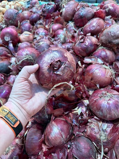 A close-up shows a hand holding a red onion amidst a pile of similar red onions, likely at a market or produce display. The onions are partially covered in their dry outer layers. The hand is caucasian, with a wristband that has lettering on it, reading “Go Explore”. The location is likely Kadima - Zoran, Israel, based on prompt details.