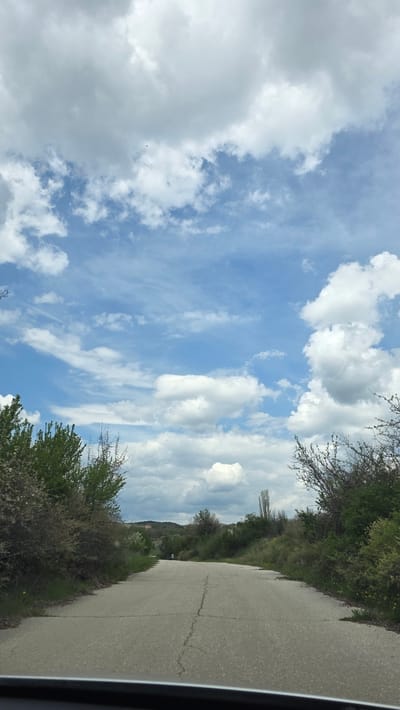This image captures a serene rural landscape, seemingly viewed from inside a moving vehicle. The scene is dominated by a vast blue sky adorned with an array of clouds: large, fluffy white cumulus clouds intermingle with thinner, wispy cirrus-like formations. The bright illumination suggests it is daytime, likely mid-day.
On the right side of the frame, a paved asphalt road curves gently into the distance. The road surface shows signs of wear with visible cracks. Lush green foliage, including dense bushes and various trees, lines both sides of the road. Some trees exhibit fresh green leaves, while others still have bare branches, hinting at early spring or late autumn. In the background, beyond the immediate vegetation, distant hills or mountains are visible under the expansive sky. A dark frame, consistent with a vehicle's window, is present along the bottom right edge, confirming the viewpoint.
There are no people or any visible text in the image. The weather appears pleasant and clear, with ample natural light. The overall impression is one of tranquility and open space in a natural setting. The location context for this scene is Drenkovo, Bulgaria.