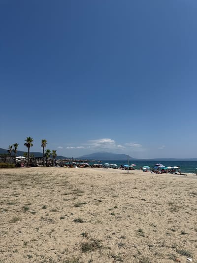 The image depicts a sunny day at Asprovalta Beach in Greece. The foreground is dominated by a sandy beach with sparse vegetation. In the middle ground, a line of palm trees and a wooden structure with umbrellas and lounge chairs suggest a beach resort area. Numerous beach umbrellas and loungers are set up, occupied by people enjoying the beach. Further back, the calm blue sea stretches towards a distant mountain range under a clear blue sky with a few scattered clouds. The overall scene conveys a relaxed atmosphere of a typical summer day at the seaside.