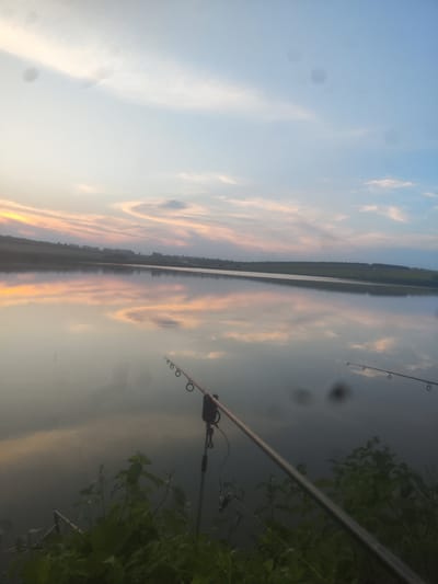 An outdoor scene at dusk, likely in the vicinity of Pelinia, Moldova, depicts a serene landscape with a body of water reflecting the soft hues of the sky. Two fishing rods are set up on the bank, their tips angled towards the water. The foreground is dominated by lush green foliage and some wooden stakes. In the background, a distant tree line marks the edge of the land, with hints of cultivated fields or rolling hills. The sky displays a gradient of pale blue and soft orange, with wispy clouds catching the last rays of sunlight. The water is calm, creating a mirror-like reflection of the sky and the distant shore. The overall atmosphere is tranquil and suggestive of a peaceful evening by the water.
