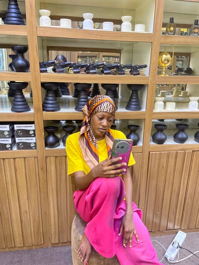 A young woman with a yellow t-shirt and bright pink pants sits on a brown stool, holding a pink cell phone. She is in a store with wooden shelves displaying various items. The shelves contain black vases, white decorative objects, and perfume bottles. Boxes of "Donut Charcoal" are stacked on one shelf. In the foreground, a power strip with plugs is visible on the floor. The background shows more shelves with reflections in a mirror. The scene appears to be in a shop in Unguwar Sarki, Nigeria.