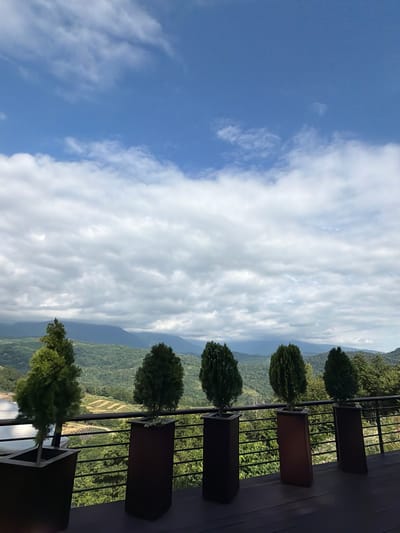 The image shows a view from a balcony in Nizhnyaya Shilovka, Russia. The balcony has a wooden deck and a railing, and several potted evergreen trees are lined up along the railing. Beyond the balcony, a lush green landscape with rolling hills and mountains stretches into the distance under a cloudy blue sky. The overall scene conveys a sense of tranquility and natural beauty.