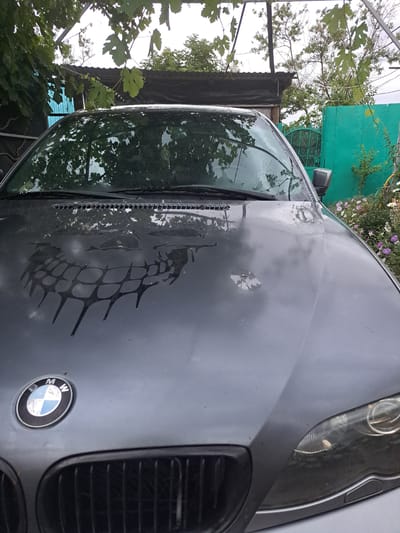 A dark grey BMW car is parked outdoors in front of a turquoise fence and various plants. The hood of the car has a dark, somewhat abstract pattern that resembles a skull with a grid-like design. A BMW logo is visible on the hood. The car is positioned in front of a building with a dark roof. The scene appears to be in a residential area or a backyard. The weather seems overcast, and there are water droplets on the car's hood and windshield, possibly from rain. No people are present in the image. The location is Vypasne, Ukraine.