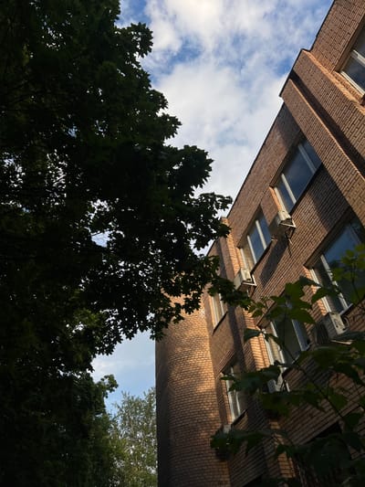 This media file captures an upward-facing view of a brick building with multiple skylights, set against a partly cloudy sky. Lush green trees with dense foliage are prominent in the foreground and partially obscure the building. The building appears to be constructed with light brown bricks laid in a stretcher bond pattern. Several rectangular skylights are visible, some appearing to be open or having visible frames. Small, metallic air conditioning units are attached below some of the skylights. The scene is illuminated by natural light, suggesting it is daytime. The angle of the shot and the shadows indicate the sun is positioned high in the sky, possibly mid-morning or afternoon. The presence of trees and the sky suggests an outdoor setting, likely in a semi-urban or residential area. No people are visible in the frame. There is no visible text in the image. The overall mood is serene, with the interplay of light and shadow creating a slightly dramatic effect. The location context provided is Pushkino, Russia.
