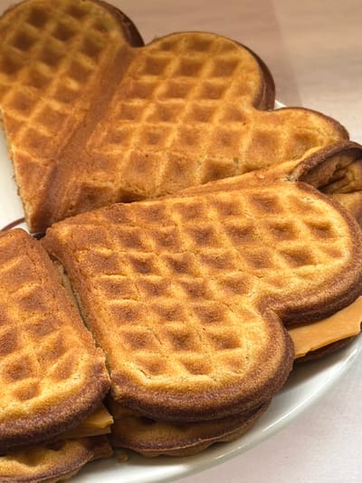 A close-up, high-angle view presents multiple golden-brown heart-shaped waffles on a light-colored, possibly white, plate. The waffles exhibit a distinct grid pattern characteristic of their preparation. Several waffles are stacked, forming small assemblages, while others lie individually. Between some of the stacked waffle layers, thin slices of a light orange-colored cheese, consistent with brunost (brown cheese), are visible. The edges of the waffles are slightly darker brown, indicating a toasted finish. The background is out of focus, rendering specific environmental details indiscernible. The precise location within the city of Tromsø, Norway, cannot be determined from the visual information present in the image. There are no individuals or identifiable actions other than the presentation of food.