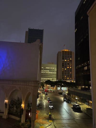 An urban cityscape at dusk features several skyscrapers, one topped with an American flag and many illuminated windows. A street runs along the right side of the frame, reflecting the city lights on its wet surface, lined with parked cars. The bottom of the image includes a section of an ornate building with arches and decorative foliage, lit with a blue glow.