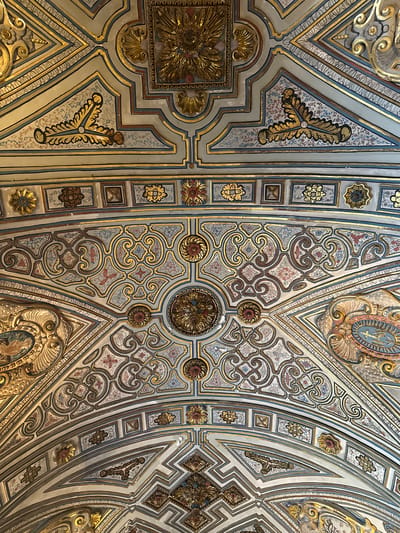 An upward-facing perspective reveals a segment of an exceptionally ornate, gilded, and painted ceiling, characteristic of Baroque or Churrigueresque style. The ceiling is a complex tapestry of geometric patterns, curvilinear shapes, and detailed motifs, dominated by an extensive use of gold leaf that outlines various panels and highlights raised architectural features.
The central part of the image showcases intricate painted patterns, including floral designs and delicate scrollwork in muted shades of blue, red, and brown against a light cream or off-white background. These painted sections are interspersed with gilded borders and elaborate three-dimensional elements, such as decorative medallions with central floral or starburst designs, some appearing carved or molded in relief. Larger, more complex gilded reliefs with abstract or symbolic designs are also visible in different sections, contributing to the rich texture and depth of the ceiling. The overall design features a repeating sequence of square and rectangular panels, often containing smaller, stylized floral emblems.
The setting is clearly an indoor space, likely a grand hall or, given the context of Tepotzotlán, Mexico, the ceiling of a colonial-era church or religious building, such as the Museo Nacional del Virreinato. No activity or event is taking place in the image, as it captures a static architectural detail. There is no visible text. The intricate craftsmanship, vibrant use of gold, and detailed artistry suggest a significant historical and cultural landmark.