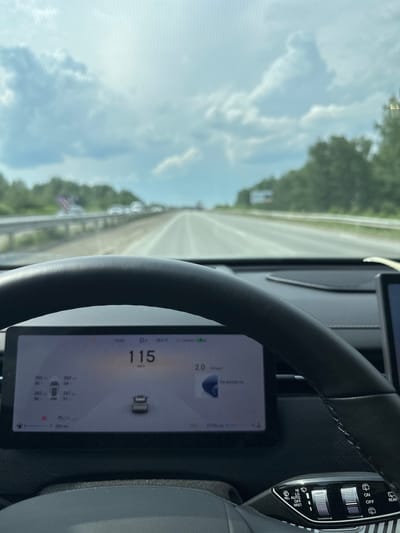 The image shows the interior of a car, likely a Tesla, as seen from the driver's perspective. The steering wheel is prominent in the foreground, with a digital dashboard displaying speed, battery status, and other vehicle information. The car is driving on a highway under a cloudy sky, with trees and vegetation visible on the sides of the road. The scene appears to be in a rural area outside of a city. Specifically, the image was taken on the E40 highway heading towards Beloyarskaya Zastava, Russia. The digital display shows the car's speed at 115 km/h. There are no people visible in the image, and the action is limited to the car being in motion. The environment is a highway with clear visibility, suggesting daytime driving.