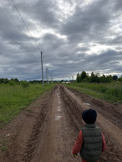 The image depicts a rural scene in Elovo, Russia, under an overcast sky. A young child, viewed from behind, is walking away from the camera along a heavily rutted and muddy dirt road. The child wears a black beanie, a dark green puffer vest, and a reddish-orange long-sleeved shirt, holding a small yellow-green object in their left hand. The road, showing significant tire tracks, particularly deep tractor treads on the right, contains multiple puddles from recent moisture.

To the left of the road, a line of concrete utility poles with multiple overhead power lines extends into the distance. The area flanking the road consists of lush green grass and various shrubs. In the background, a dense line of trees forms the horizon, behind which a body of water and a few distant structures are faintly visible under the cloudy sky. The sky itself is filled with dark grey clouds, with some brighter patches indicating obscured sunlight.