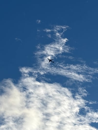 The media file shows an airplane flying in a clear blue sky with scattered clouds. The airplane is small and dark, silhouetted against the bright sky, making it difficult to discern specific details about its make or model. The clouds are white and wispy, with some appearing more dense and textured than others. The overall scene is one of a bright day, likely daytime given the clear sky and sunlight illuminating the clouds. The perspective is from below, looking up at the airplane and the sky. There is no visible text in the image. The image captures a common sight of air travel against a backdrop of natural elements. The location context provided is Pushkino, Russia, but there are no specific visual cues within the image itself to confirm this location. The weather appears to be fair and pleasant for flying.