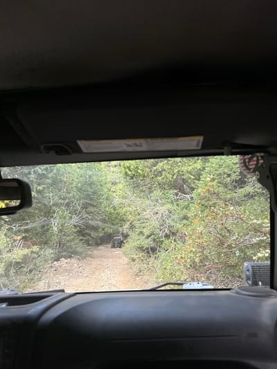 The image is captured from inside a dark-colored vehicle, looking forward through the windshield. The upper portion of the frame shows the vehicle's interior roof and a sun visor with a visible warning label. A rearview mirror is partially visible on the left, and a small, heart-shaped American flag accessory hangs near the right windshield pillar, adjacent to a speaker or light fixture. The lower portion displays the vehicle's dashboard.
The scene outside the vehicle depicts a narrow, unpaved dirt road or trail, characterized by loose soil and numerous rocks of varying sizes. The road extends into the distance, ascending slightly and curving gently. Both sides of the trail are flanked by dense vegetation, consisting of a mix of coniferous and deciduous trees and thick underbrush, predominantly green with some foliage exhibiting yellow and orange hues. Approximately 50-70 feet down the trail, a dark-colored off-road utility vehicle, possibly a Jeep or UTV, is visible, facing away from the camera. No individuals are discernible in the frame. The ambient light suggests daytime conditions.
The specific location within the city of Crystal Lake, United States, cannot be determined from the visual information provided, as the scene depicts a natural, undeveloped off-road environment lacking identifiable urban or landmark features.