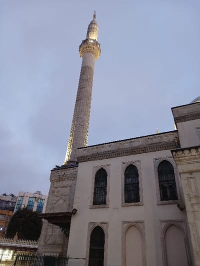 The image shows the exterior of the Süleymaniye Mosque in Istanbul, Türkiye, located at the coordinates 41.01, 28.953. The tall minaret of the mosque dominates the scene, rising up against a light blue sky. The minaret is a cylindrical structure with a series of balconies along its height. The mosque itself is a large, white building with arched windows and a stone facade. The mosque appears to be constructed with stone, while the minaret appears to be constructed with brick. The scene is captured in the late afternoon or early evening, with the soft light of the setting sun illuminating the mosque. The overall atmosphere is tranquil and serene. A low, white building with arched windows is in the foreground. Some trees are visible in the bottom left of the image, partially obscuring a taller building with windows.