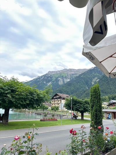 This image captures a view from a covered seating area looking out towards Lake Brienz in Bönigen, Switzerland. A white umbrella, with the "Walser" logo visible, shades the foreground. Beyond the umbrella, a road runs parallel to the lake, with a grassy embankment and a walkway. Trees line the walkway, and in the distance, a multi-story building with balconies is visible. The lake is a vibrant turquoise color, reflecting the cloudy sky. Lush green mountains form the backdrop, their slopes covered in dense forest. In the immediate foreground, several rose bushes are in bloom with red and pink flowers. A few people are seated on a bench near the lake, and others are walking along the path. The scene is serene and picturesque, typical of a lakeside resort town.