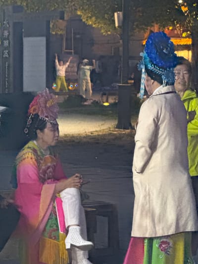 A nighttime outdoor scene depicts two individuals in traditional Chinese clothing and headwear. One person wears a long, light-colored jacket and a blue headdress, while the other is adorned in pink clothing and a pink floral headpiece. Both appear to be part of a performance or cultural event. The location is in the city of Jinzhou, China, as indicated by the text on the signage visible in the lower left corner of the image. The surrounding environment includes trees, streetlights, and other people in the background.