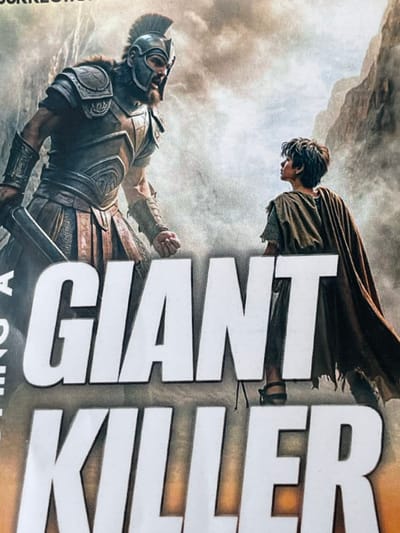 The image shows a book cover or promotional material featuring two figures and large white text. On the left, a heavily armored warrior with a helmet and a beard faces a younger figure on the right. The warrior is wearing elaborate armor that covers his chest, shoulders, and arms, and a kilt-like garment. He holds a sword in his left hand, which is positioned down and slightly in front of him. The younger figure, depicted from the back and in profile, wears a simple, earth-toned tunic and cloak. This figure is looking upwards and to the left, towards the warrior. The background is a dramatic, rocky landscape with a misty or cloudy sky. The text below the figures reads "GIANT KILLER" in large, bold, white capital letters. The phrase "CORRECTIONS A" is visible at the top left of the image, suggesting it may be a corrected version of something. There is no information within the image to suggest a location in the city of Ojomu, Nigeria.