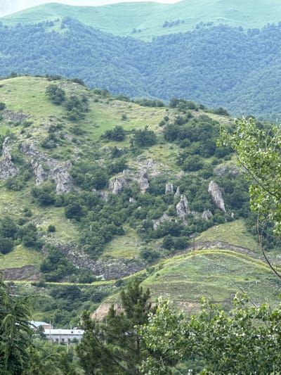 The image captures a view of the mountainous terrain surrounding Dilijan, Armenia. In the foreground, lush green trees partially obscure a low-rise building with a white roof. The middle ground reveals a rocky, tree-covered hillside with winding paths and power lines. Further in the distance, rolling green hills covered in dense forest stretch towards the horizon, culminating in lighter green, mist-shrouded peaks. The overall scene depicts a natural, undeveloped landscape characteristic of the region.