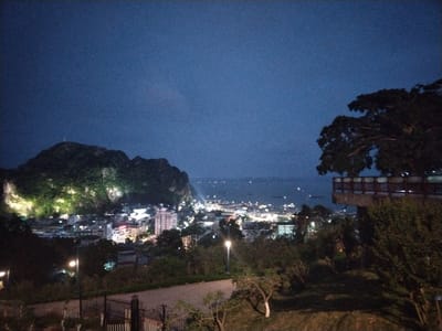 The image captures a night cityscape, likely within Hong Gai Ward, Vietnam. In the foreground, a paved path is visible, bordered by trees and shrubbery, suggesting a park or elevated viewpoint. A wrought-iron fence partially obscures the view. Above the path, the cityscape stretches into the midground, with illuminated buildings and streetlights defining the urban area. In the distance, a large, dark hill or mountain is seen on the left side, partially illuminated by lights. Beyond the city, a body of water is dimly visible, with scattered lights likely indicating boats or distant settlements. The sky is dark, with an indigo hue, suggesting either dusk or a very dark night. A structure that appears to be a raised viewing platform or pavilion with trees around it is visible to the right of the cityscape. No people are explicitly visible in the image.