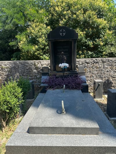 The image depicts a tombstone in a cemetery, likely in the city of Škaljari, Montenegro, given the Cyrillic inscriptions. The tombstone is made of dark polished stone and features a monument with a cross at the top, followed by inscribed text in Cyrillic. Below the monument, there is a large flat granite slab that forms the top of the grave. A small bouquet of white flowers is placed on a lower section of the monument. In front of the grave, a patch of deep purple foliage is planted. The tombstone is flanked by smaller dark granite posts and set against a weathered stone wall, with lush green trees and foliage visible in the background under a bright sky. The overall scene is solemn and well-maintained, suggesting a place of remembrance.