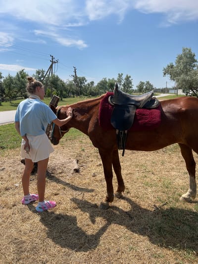 A young woman with blonde hair in a bun, wearing a light blue t-shirt and white shorts, stands to the left of a brown horse in a rural outdoor setting. She is gently stroking the horse's head with her right hand, while her left hand is tucked behind her back, holding a phone. The horse, equipped with a black saddle and a burgundy saddle pad, is facing left. The environment consists of dry grass, with a dirt path visible behind the woman and to the left. In the background, there are trees, power lines, and a body of water. The sky is blue with scattered clouds. The scene is located in the village of Mysivske, Mykolaiv Raion, Mykolaiv Oblast, Ukraine.