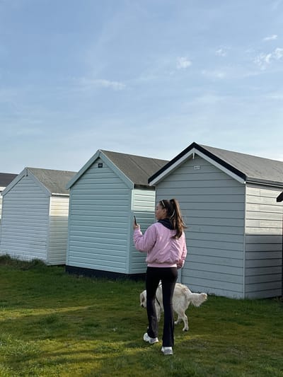 An outdoor scene in Southend-on-Sea, United Kingdom, depicts a grassy area with a row of wooden beach huts under a clear blue sky. A female, viewed from behind and slightly to her right, walks right to left across the frame. She wears a light pink bomber jacket over a dark top, black flared trousers, and white athletic shoes. Her dark hair is pulled into a high ponytail. She holds a dark smartphone vertically in her right hand, directed towards the left. A light-colored dog, likely a Golden Retriever, walks on the grass behind and to the left of the female. The visible beach huts are light-colored: one white/cream, then two light blue/grey. The light blue/grey huts are numbered "468" and "467" respectively, prominently displayed on their gables. All huts feature dark roofs and dark trim along the eaves.