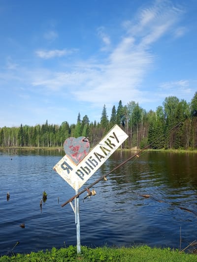 The image depicts a rural scene in Ural'skoe, Russia. In the foreground, there's a leaning, weathered sign, bearing a heart shape above the Russian inscription "Я РЫБАКУ" (Ya Rybaku), translating to "I am a Fisherman." A fishing rod is attached to the sign, extending over a dark-colored body of water, likely a lake or a large pond. Tree stumps are visible in the water. In the background, a dense forest line consisting of coniferous and deciduous trees stretches across the horizon. The sky is a clear blue with scattered white clouds. Green grass grows at the edge of the water in the lower foreground.