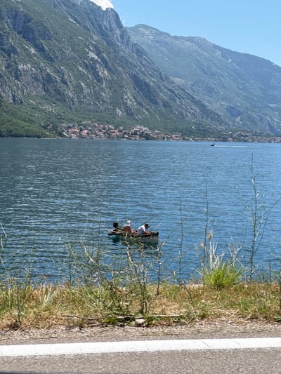 The image presents a sunlit panoramic view of the Bay of Kotor in Donji Orahovac, Montenegro, captured from an elevated roadside perspective. In the immediate foreground, a segment of an asphalt road with a solid white painted line is visible. Above the road, a strip of dry, mixed vegetation, including grasses and sparse shrubs with some small purple flowers, borders the water.

The midground is dominated by the calm, rippled blue-green waters of the bay. Centrally positioned, a small, dark-hulled boat with an outboard motor attached to its stern contains two individuals. One person, wearing a light-colored top and a head covering, is seated near the stern. The second person, wearing a white shirt, is seated towards the bow. Both appear engaged in fishing, with fishing rods visible in the boat. Further across the bay, a white speed boat traverses the water, leaving a prominent wake.

The background is defined by a formidable range of steep, verdant mountains rising directly from the bay. The mountain slopes display a mixture of dense tree cover and exposed grey rock faces. At the base of these mountains, on the opposite side of the bay, lies the settlement of Donji Orahovac, characterized by numerous buildings with distinctive red-tiled roofs clustered along the shoreline. The sky above is clear and bright blue, with minimal cloud cover observed near the mountain peaks. The scene is illuminated by strong natural daylight, indicating a clear, sunny day.