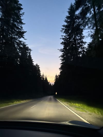The image depicts a dark, paved road bordered by dense evergreen trees on either side. The scene is captured from the perspective of someone inside a vehicle, as indicated by the dashboard visible in the foreground and the headlights illuminating the road ahead. The sky is a dusky blue with faint traces of yellow and orange near the horizon, suggesting either dawn or dusk. A yellow traffic sign is visible in the distance on the left side of the road. The overall environment appears to be a forest road, likely in a rural or natural setting. There is no specific indication or identifiable feature linking this scene to the city of Samokov, Bulgaria.