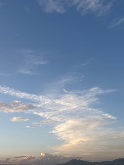 This vertical shot captures an expansive sky over a distant mountainous landscape in Arinj, Armenia. The upper two-thirds of the image display a clear, bright blue sky with scattered thin, wispy white clouds, consistent with cirrus or cirrocumulus formations. As the sky descends towards the horizon, the clouds become more numerous and slightly denser, exhibiting warmer tones of white, light grey, and subtle peach or orange, indicative of low sun illumination. Several small, dark specks, visually consistent with birds in flight, are dispersed across the mid-section of the sky. The lower fifth of the frame features the dark, undulating silhouettes of distant mountains or hills, rendered in muted greyish-blue tones due to atmospheric perspective. Above these distant landforms, a cluster of denser, cumuliform clouds is visible, also displaying warm undertones. Two faint, slender vertical structures, possibly utility towers, are discernible on the far right, rising from the distant terrain against the lower sky. No human subjects or distinct human-made structures are present in the foreground or midground.