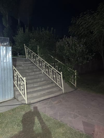 The image depicts an outdoor staircase at night, likely in a residential or public area in the city of Mashat, Kazakhstan. The staircase is made of concrete and has ornate white railings on both sides. The steps are illuminated by an unseen light source, casting shadows on the ground. To the left of the stairs is a corrugated metal structure, possibly a fence or a shed. Beyond the stairs, there are trees and bushes with some small purple flowers. The ground in front of the stairs is paved with irregular stone tiles, and there is a patch of grass to the left. A dark shadow, presumably of the person taking the photo, is visible on the grass and the paved area. The overall atmosphere is dark and quiet, suggesting it is late at night.