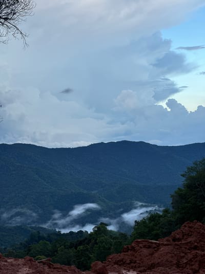 The image depicts a mountainous landscape under a cloudy sky. In the foreground, there is a patch of reddish-brown soil with some rough textures. Beyond this, a dense forest covers the slopes of rolling mountains, with layers of darker green receding into the distance. Wisps of white mist are visible in the valleys between the mountains, suggesting a humid or post-rain environment. The sky is filled with dramatic, layered clouds, ranging from light grey to white, with patches of pale blue visible in the upper right corner. A bare, silhouetted tree branch extends from the top left corner of the frame, partially obscuring the sky. There are no people or animals visible in the image. The overall scene conveys a sense of natural beauty and perhaps a remote, undeveloped location.