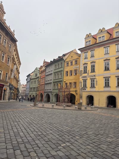 The scene depicts Malé náměstí (Small Square) in the Old Town of Prague, Czechia, under an overcast, light grey sky. The foreground is a grey cobblestone surface composed of rectangular stones. In the mid-ground, a curved arrangement of cylindrical, light-colored bollards encircles an ornate, multi-tiered dark metal fountain.

A row of multi-story historic buildings lines the right side of the square. These buildings feature pitched roofs and multiple white-framed windows. From right to left, visible structures include a prominent yellow building with a red-tiled roof and two ground-floor arches, followed by buildings in light yellow, light green, grey-blue, and orange-red hues, all featuring ground-floor arcades (podloubí). On the far left, another multi-story building with a beige-brown facade, multiple windows, and a white banner-like sign is visible at a corner.

Approximately 10-15 indistinct pedestrians are present in the mid-ground, walking on the cobblestone square. A flock of small dark birds is visible in flight in the upper left portion of the sky.