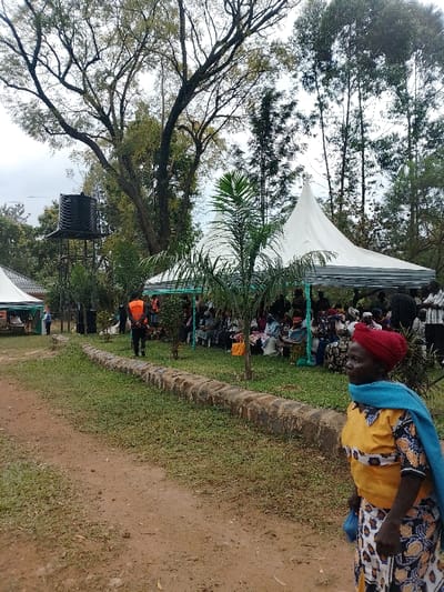 This image captures an outdoor gathering in Marenyo-Shianda ward, Kenya, under an overcast sky.
In the foreground, a dark-skinned elderly woman is positioned to the right, standing and looking towards the right edge of the frame. She wears a patterned yellow and white dress, a red headscarf, and a light blue shawl. The immediate foreground consists of a dirt path that transitions into a grassy area separated by a low, segmented stone or concrete border.
The midground features two white canvas tents. The larger tent, conical at its peak, shelters a crowd of predominantly dark-skinned individuals seated on chairs, facing generally forward, suggesting an event or meeting. A smaller, rectangular white tent is visible to the left. A young, slender palm-like tree stands prominently in front of the larger tent. Several individuals are standing around and under the tents, including one person wearing an orange high-visibility vest to the left of the main gathering, near a black speaker unit.
The background is densely vegetated with a variety of trees, including large, mature deciduous trees with broad canopies and several tall, slender coniferous trees. To the far left, a black plastic water tank is mounted on a metal stand, positioned behind the smaller tent. The scene is set in a green, semi-rural environment.