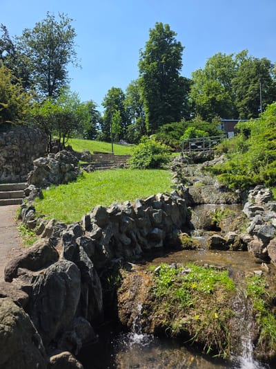The image shows a landscape in Turin, Italy. A small waterfall cascades down a rocky slope on the right side of the image. The slope is covered with greenery and vegetation. To the left, there is a grassy area with stone walls and steps leading upwards. Tall trees line the area. The sky above is blue. The scene suggests a park or garden setting.