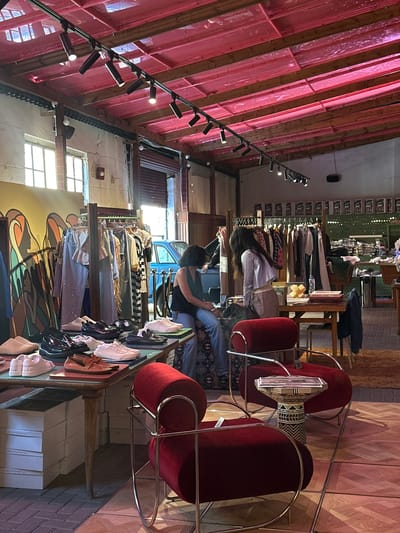 This indoor shot captures the interior of a clothing store in Cairo, Egypt. Two people, positioned slightly off-center, are seen looking through the clothing racks. The store features an eclectic decor with a red-toned, translucent roof design highlighted by a series of spotlight fixtures. Clothing is displayed on racks throughout the space. Additionally, red velvet chairs with chrome frames sit nearby. Shelves stacked with white boxes line the bottom of the racks. Natural light floods the area from a set of windows located toward the back of the store.